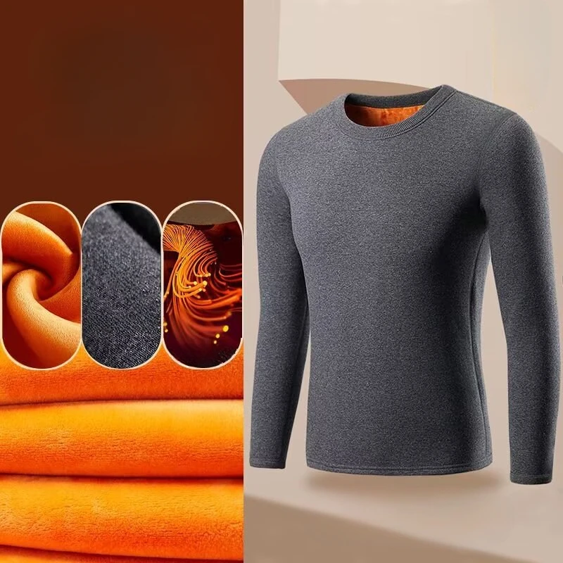 Mens Thermal Underwear Hickened Solid Color Round Neck T-Shirt Long-Sleeved Fleece Bottoms Shirts Winter Warm Long Lohns Blouse