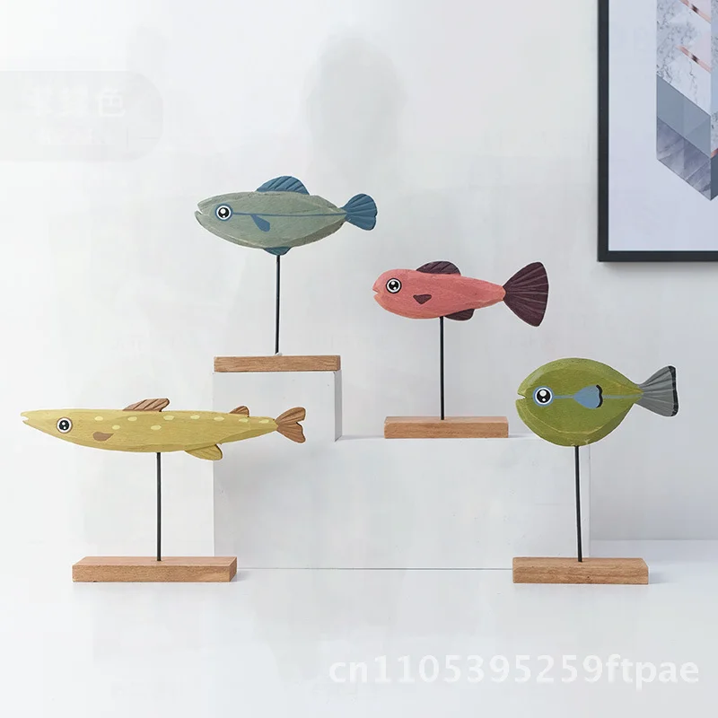 Retro American Wooden Fish Decoration Hand-Painted Solid Wood Desktop Counter Decor for Home Bedroom Children's Room Living Room