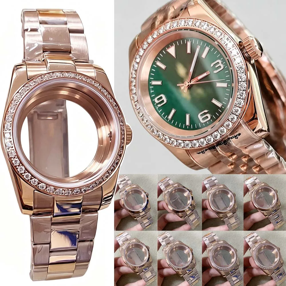 36mm/39mm Rose Gold Case Strap Set Transparent Bottom Sapphire Glass Watch Case for NH35 NH36 4R Movement Men Watch Accessories