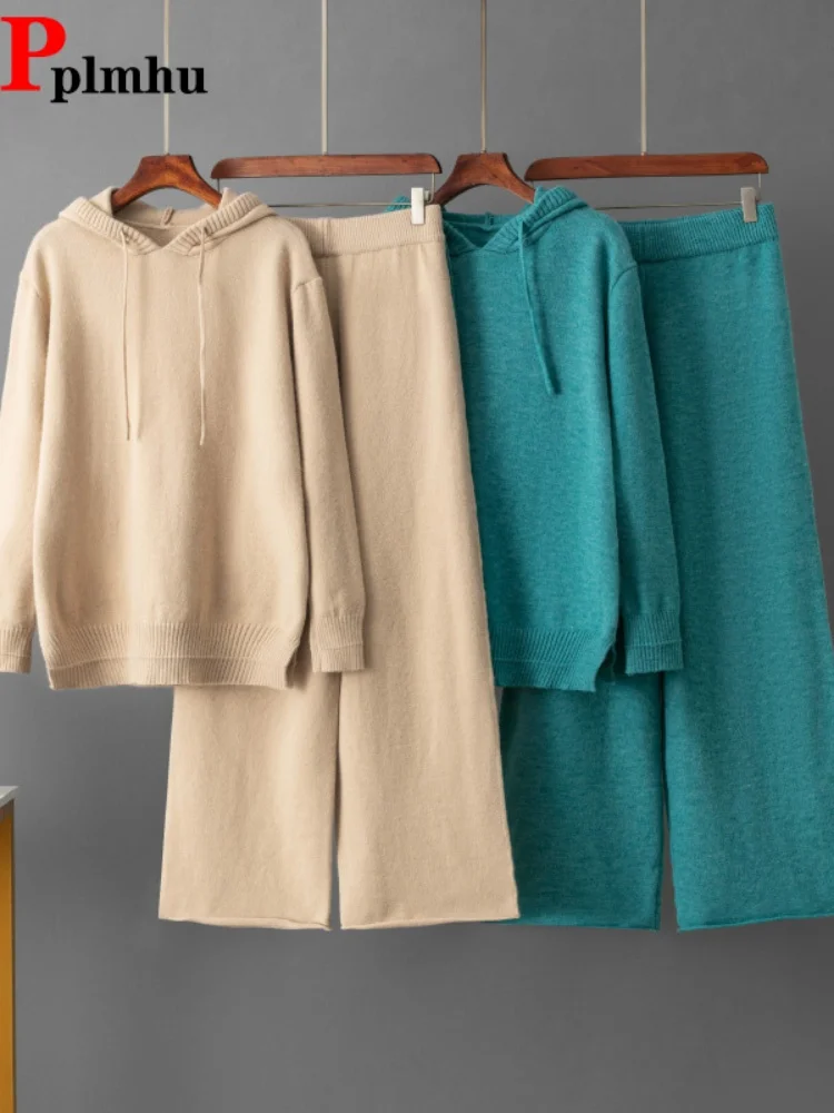 

Новый модный спортивный комплект из двух предметов: женский повседневный вязаный костюм с капюшоном и свободные брюки с высокой талией на резинке