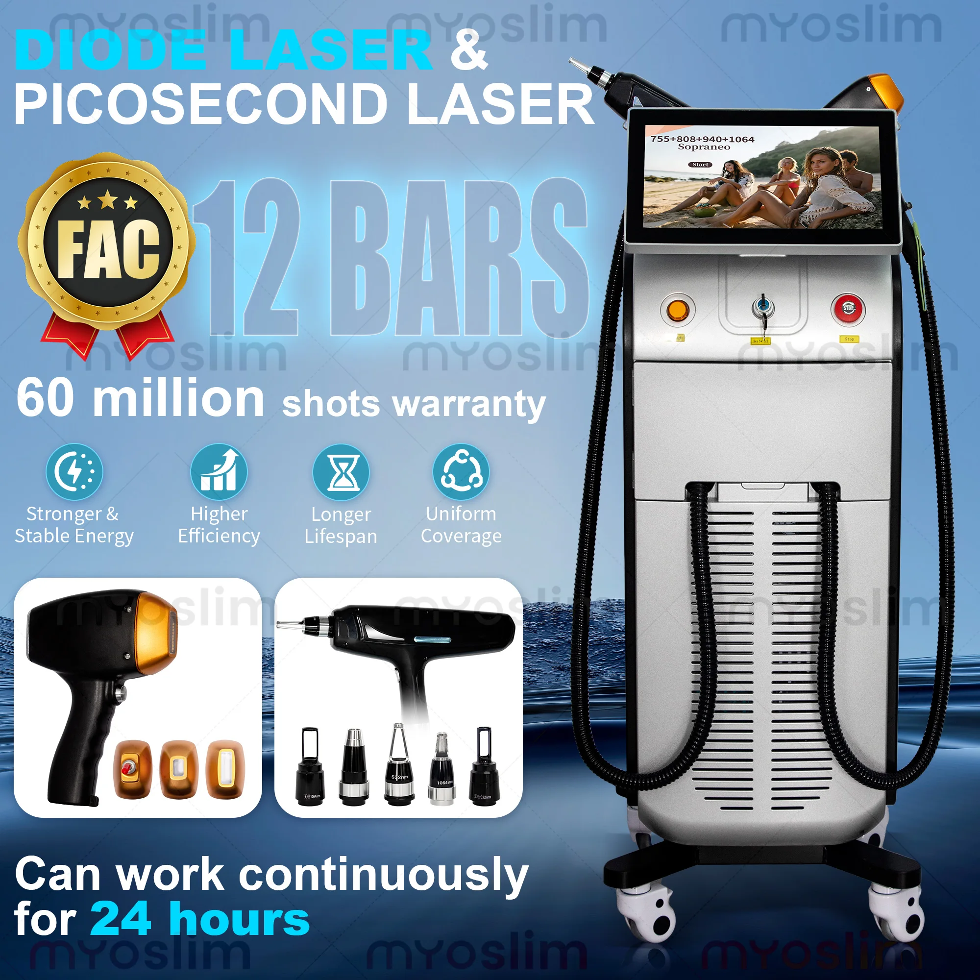 Diode Lase Hair Removal Machine 2 in 1 5000W 4 Wavelength FAC CE Certified Hair Removal 755 808 940