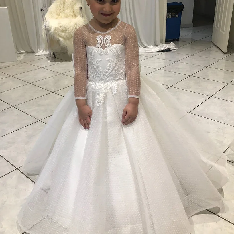 Vestidos floridos para festa de casamento, branco, mangas compridas, até o chão, concurso, primeira comunhão, princesa aniversário