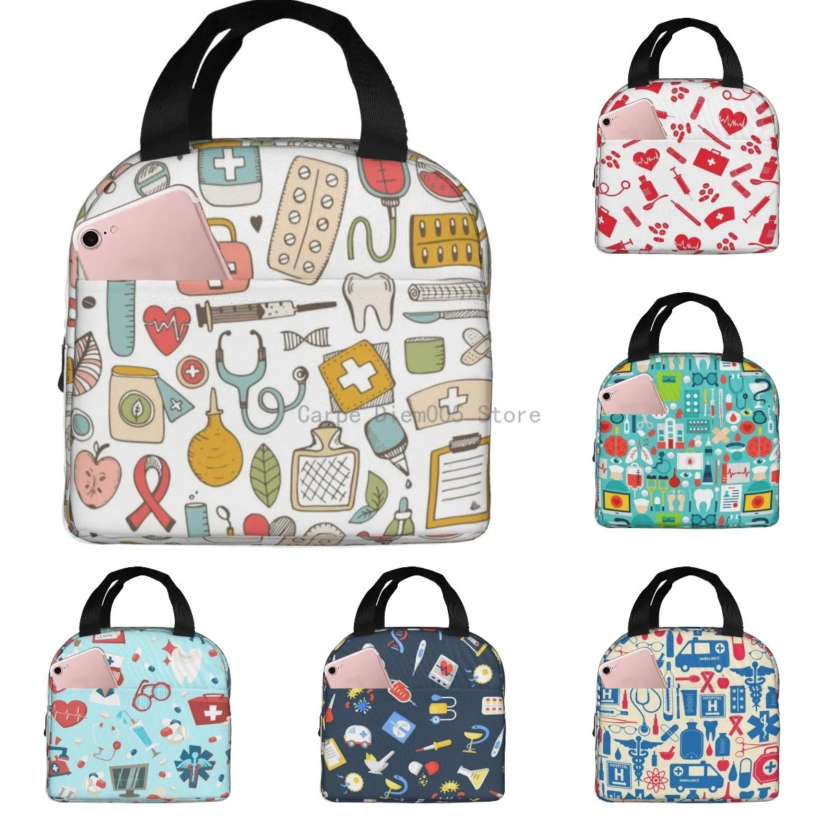 Doctors Nursing Nurse Insulated Lunch Bags Women Nurse Print Food Case Cooler Warm Bento Box for Kids Cute Lunch Box for School