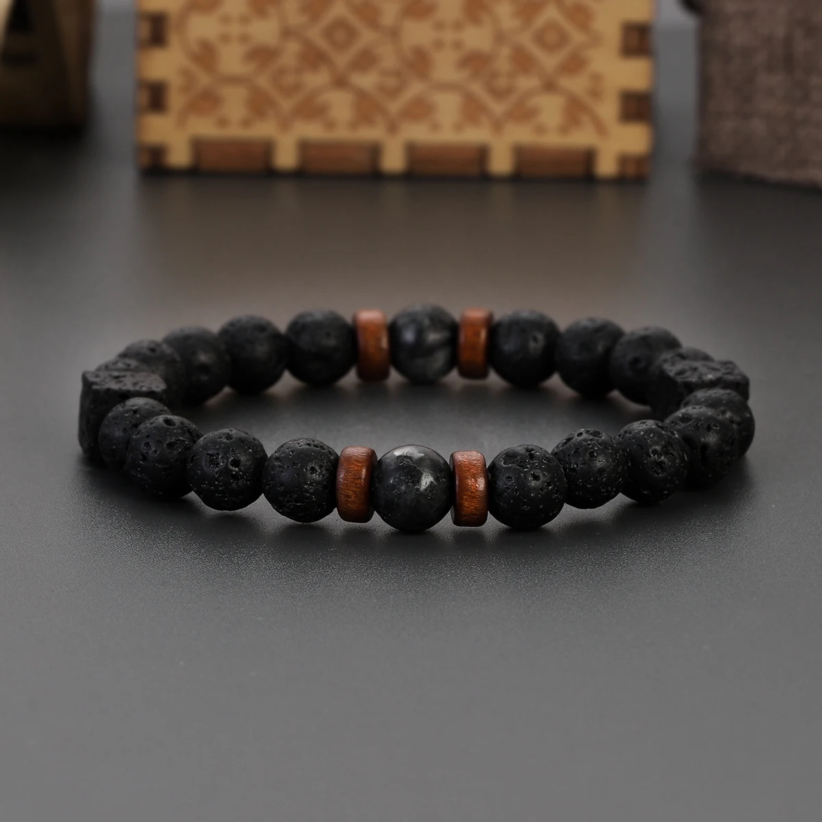 Square&Round Volcanic Stone Bracelet for Men Lava Black Onyx 8mm Beads Bracelets Men\'s Fashion New Jewelry