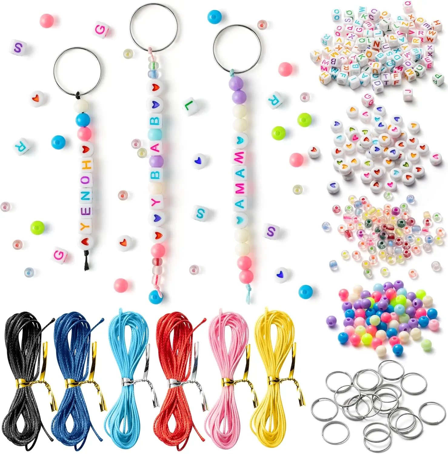 

286Pcs DIY Keychain Making Craft Kits,Beads for Jewelry Making Set Supplies with Colorful Alphabet Transparent Beads, Bag Charm