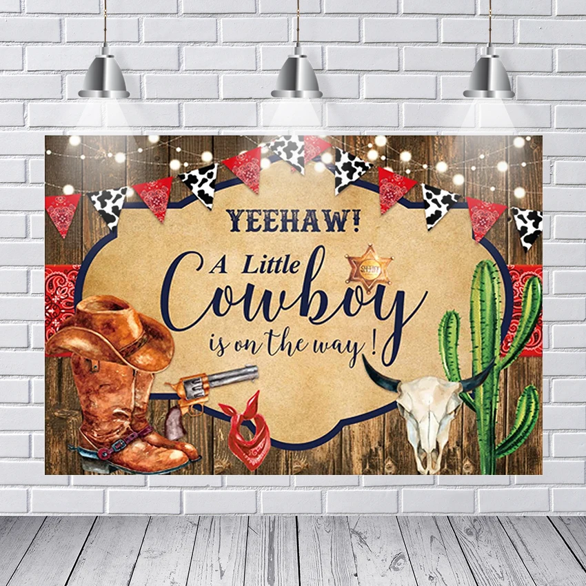 Western Baby Shower Backdrop for Boy It's A Cowboy Hat Rustic Wood Country Barn Cow Red Bandana Party Supplies Decorations