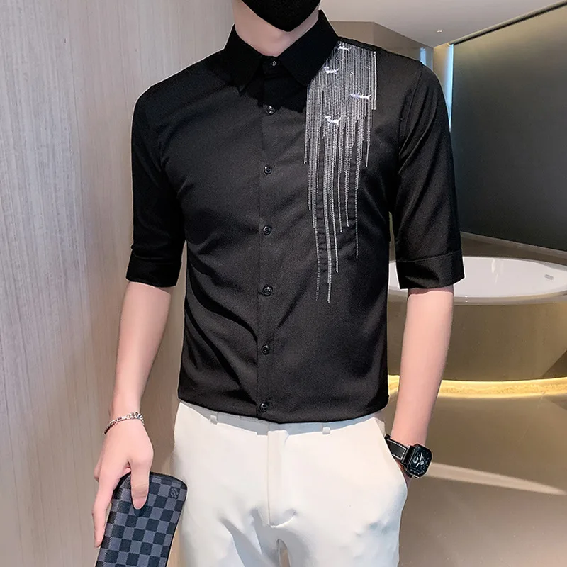 Men's Advanced Ironing Drill Shirt New Seven-point Sleeved Slim Shirt Summer Black Hair Stylist Men's Inch Shirt