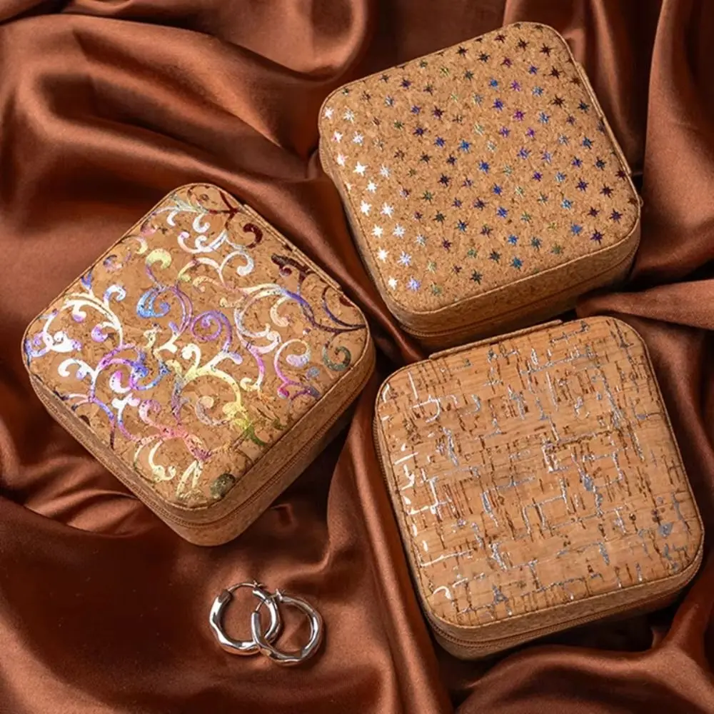 Retro portátil caixa de armazenamento de jóias fecho com zíper mini organizador de jóias em camadas caixa de jóias anel brincos