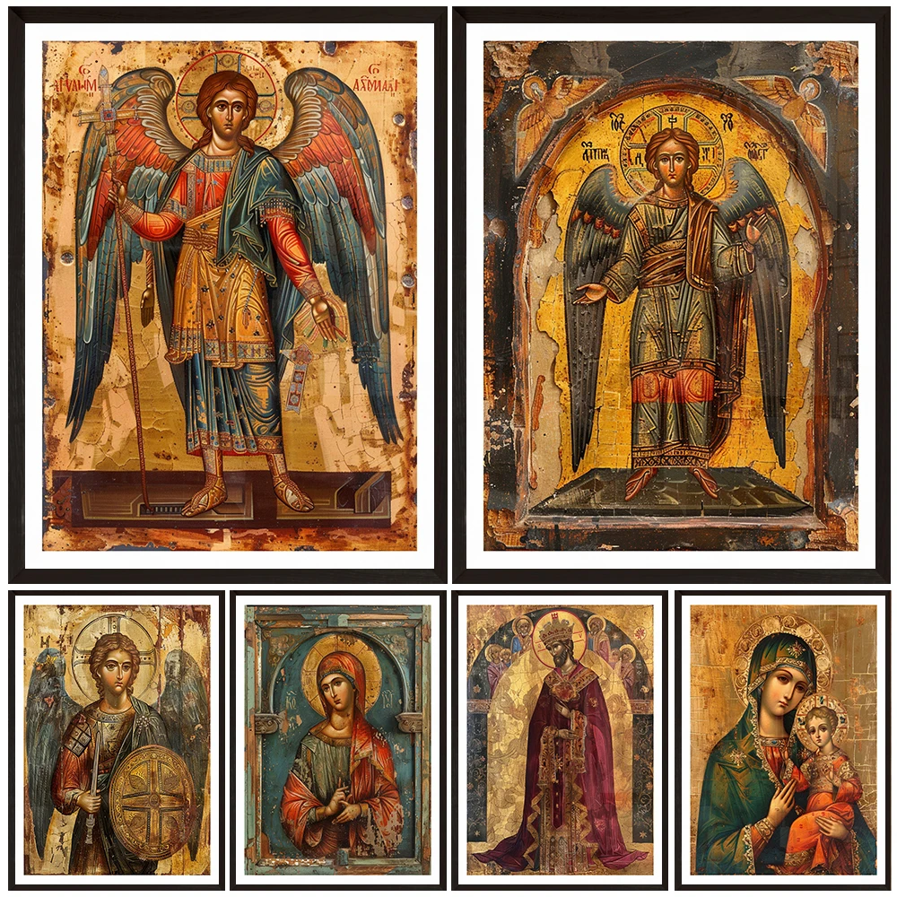 Holy Byzantine Icon Art Print,Sacred Imagery,Traditional Christian Decor,Our Lady and the Archangel wall art canvas painting