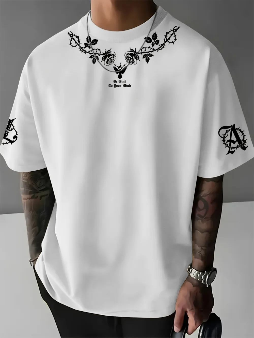 Hot selling American men's summer Gothic rose thorn bird print micro elastic breathable round neck T-shirt outdoor casual top