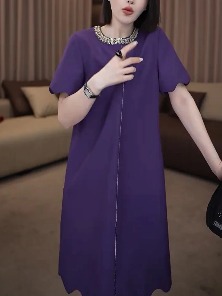 

Summer 2025 plus Size Ele Diamond Embedded Retro Dr Women's Slimming Long Skirt High Waist A-Line Korean Sle Commute