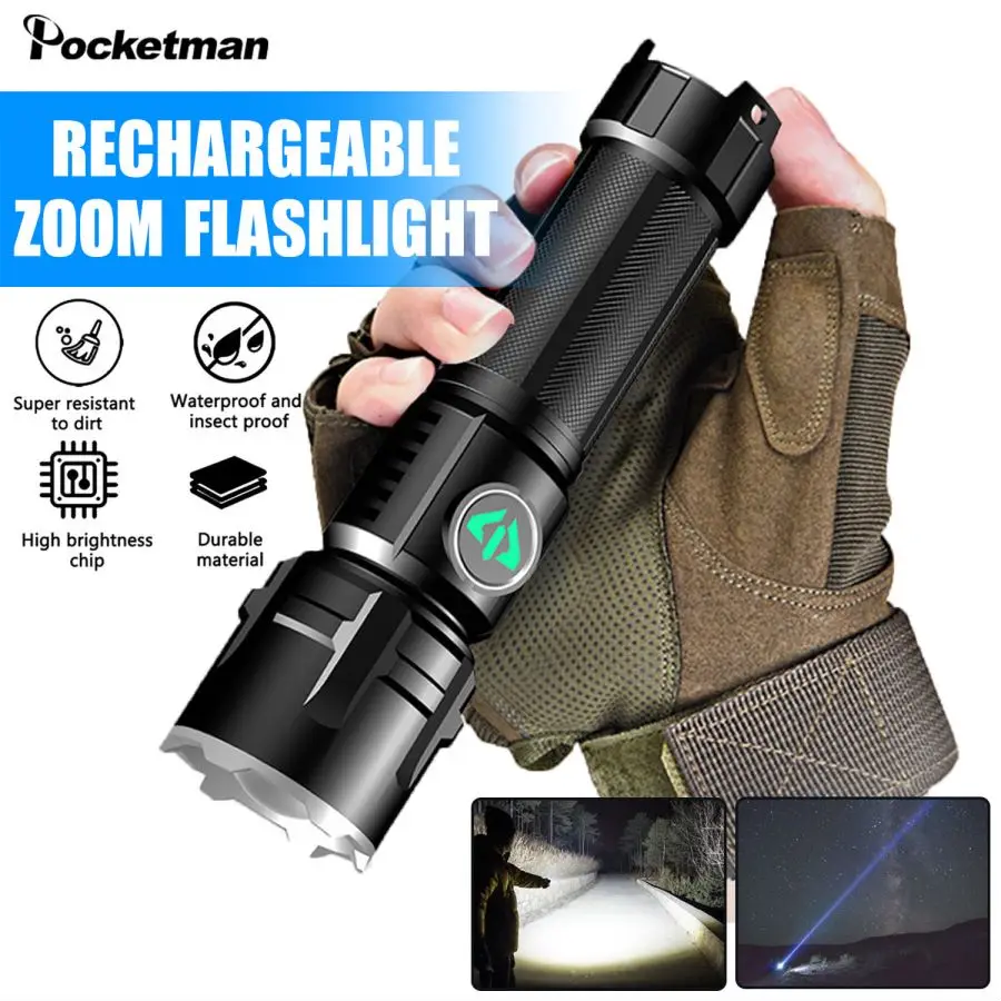 

Powerful LED Flashlight Zoom Rechargeable Flashlights Super Bright Camping Torch Waterproof Flashlight 3 Modes with Battery