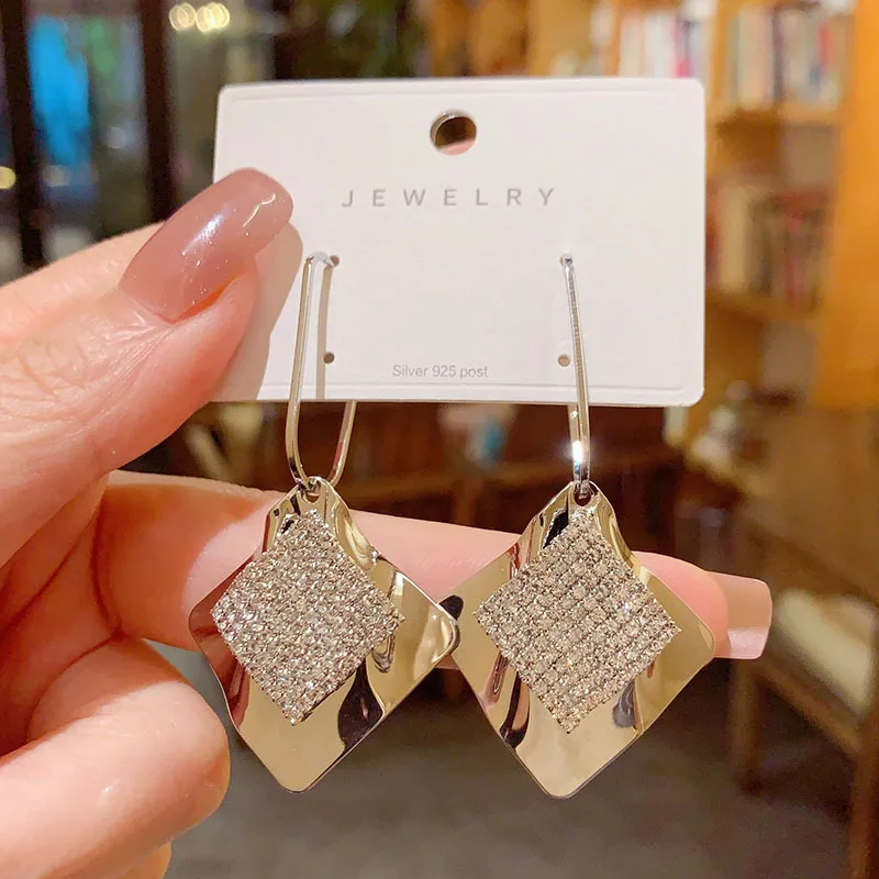 Shiny Zircon Inlaid Double Square Drop Earrings Gold Silver Tone Geometric Dangle Earrings for Women Banquet Party Daily Wear