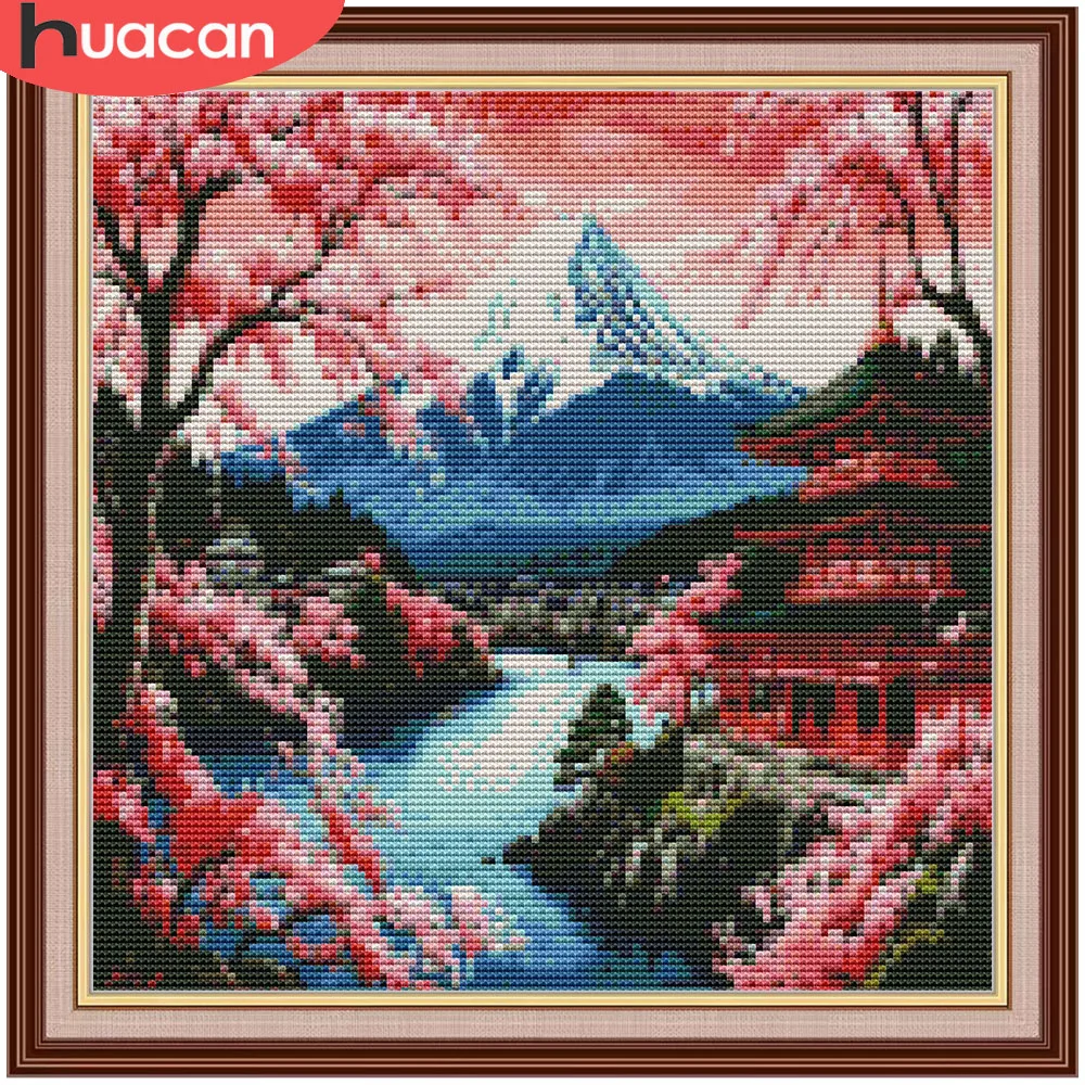 Kit de Broderie Point de Croix Imprimé HUACAN - Paysage Montagneux, Volcan, Fleurs de Cerisier - 11CT - Artisanat Créatif pour la Maison