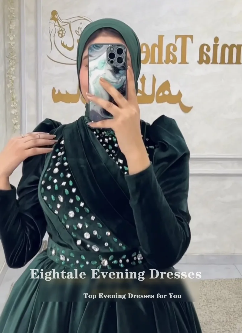 Eightale Muslim Evening Dress Arabic Dark Green Prom Gown Beaded Long Sleeves Crystals Velvet Ball Gown Wedding Party Dress