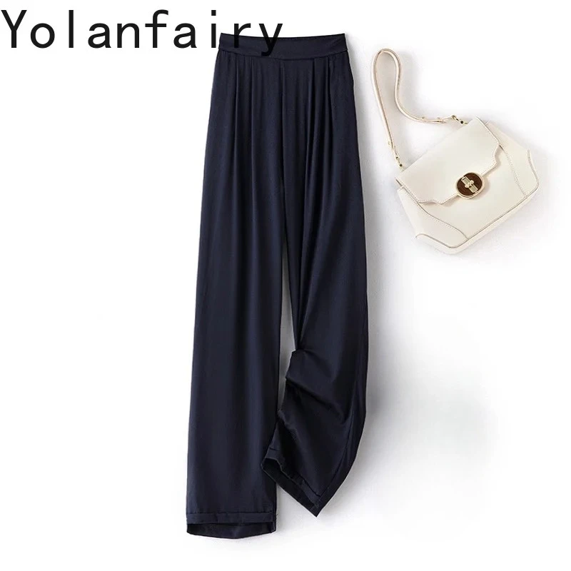 

YOLANFAIRY Fishbone-patterned 93% Mulberry Silk Summer Pants Woman Trousers Navy Straight Pipe Pants with Pocket pantalon lin