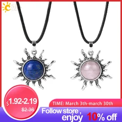 CSJA Vintage Sun Flower Pendant Natural Stone Crystal Necklace Genuine Round Amethysts Pink Quartz Obsidian Lapis Lazuli H120