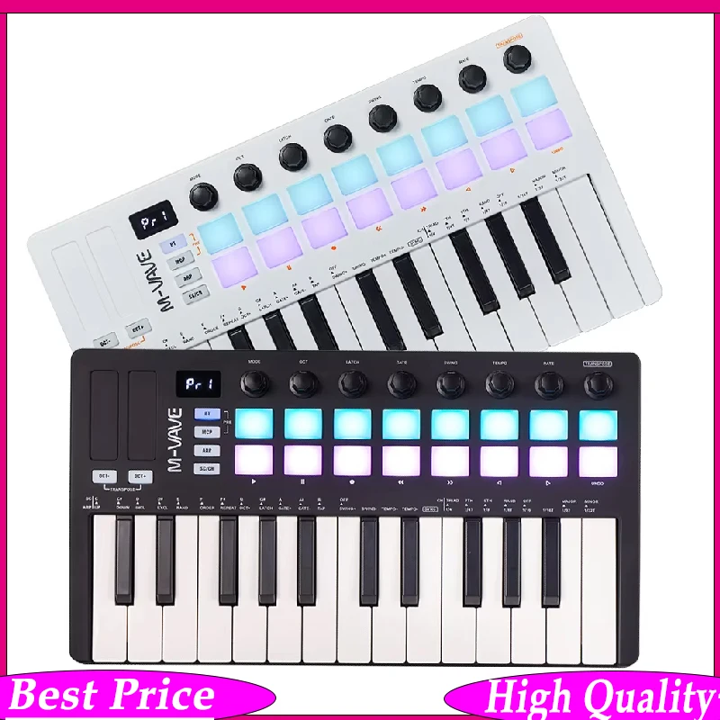 

M-VAVE 25-клавишная USB MIDI-клавиатура-контроллер с 16 RGB-пэдами, 8 многофункциональными ручками и программным обеспечением для создания музыки в комплекте