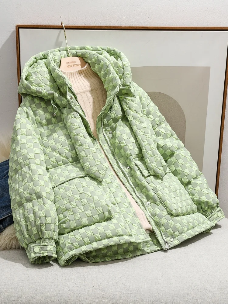 2022 New European station checkerboard down jacket women's short hooded loose thicken warm Parka white duck down jacket trend