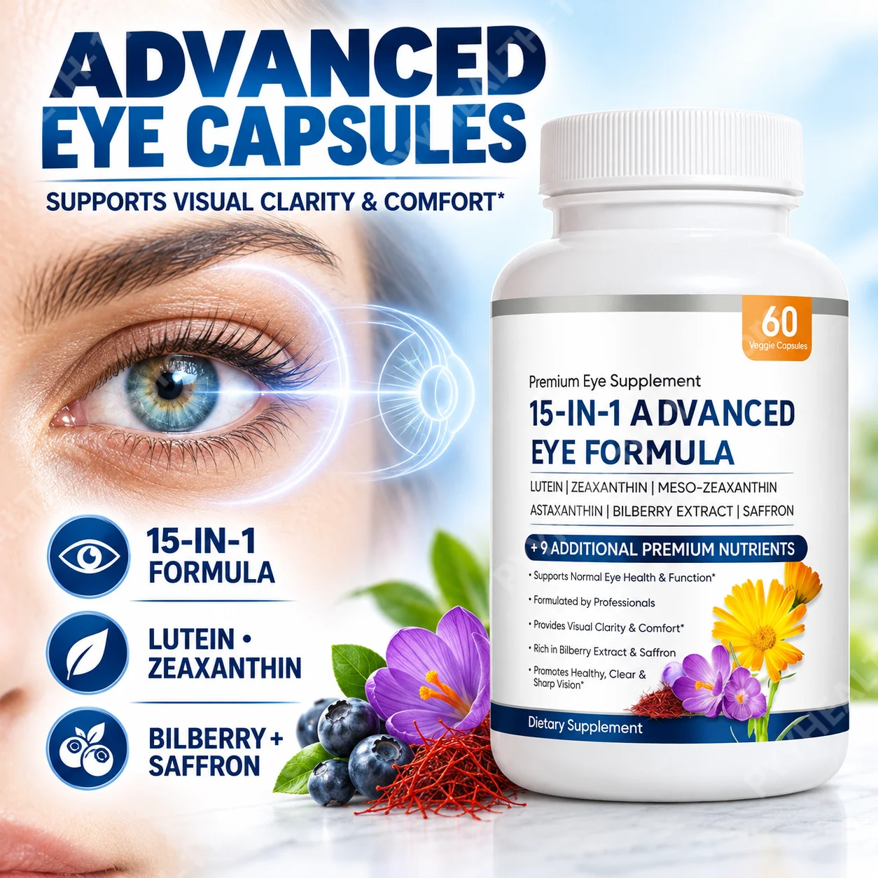 15-in-1 Eye Formula Capsules Lutein Zeaxanthin Bilberry Extract Vitamin C E Supports Vision Blue Light Defense 60Veggie Capsules