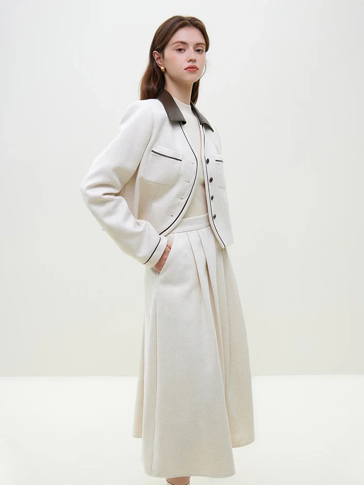 FSLE Elegant Contrast Color Pu Collar Retro Temperament Short Coat for Women 2023 New Suit Loose Jacket + A-Line Skirt Female Se