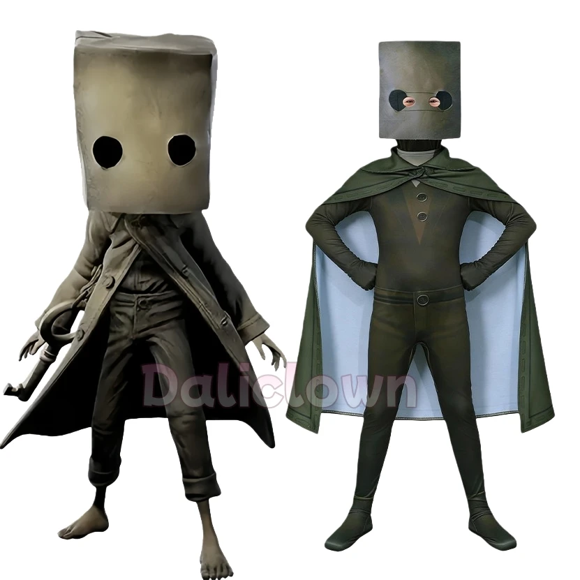 Mono Cosplay Little Nightmares 2, Kostüm für Kinder, Erwachsene, Damen, Bodysuit, Overall, Maske, Anzug, Jacke, Umhang, Party, Karneval, Kostüm