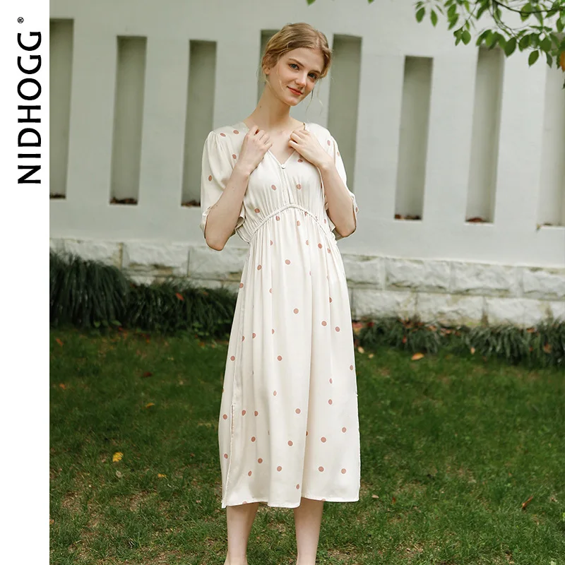 Autumn Gentle Long Skirt Fairy Satin Nightgowns V-Neck Sleeping Dress Short-sleeved Women Nightwear Waist Show Thin Sleepwear