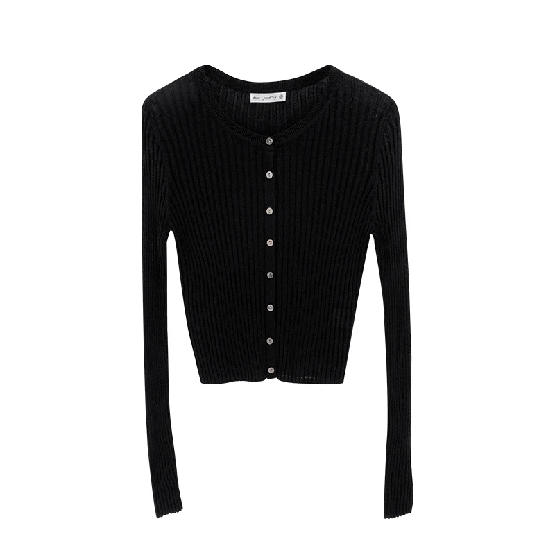 Solid Color Knitted Cardigan Women Korean Single Breasted Long Sleeve Tops Fashion Round Neck All Match Sweater