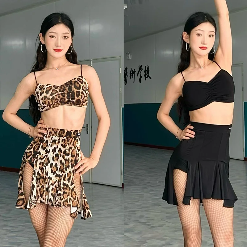 vetements-de-danse-latine-d'ete-pour-femmes-hauts-courts-sexy-jupe-fendue-leopard-noir-costume-d'entrainement-club-cha-cha-rumba-vetements-de-danse