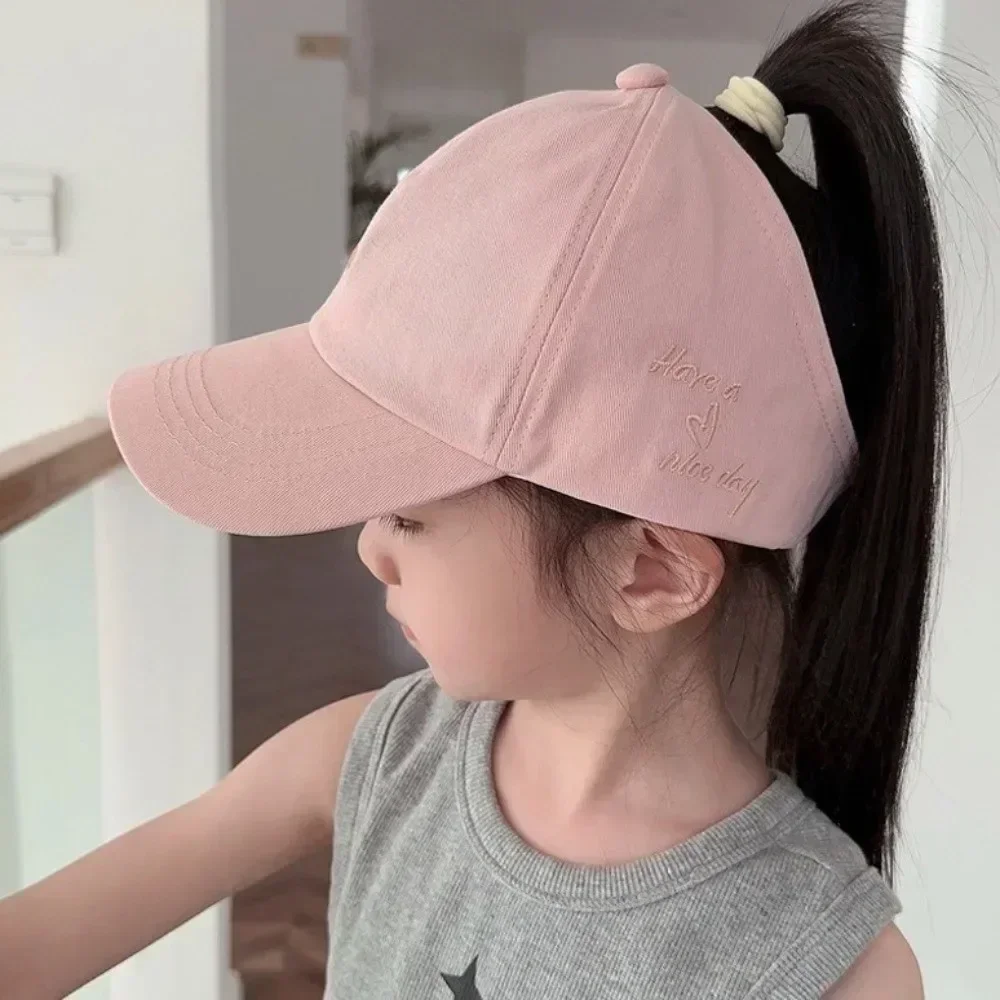 

Summer Kids Empty Top Sun Hat Solid Color Embroidery Love Girls Ponytail Baseball Cap Outdoor Children Sunshade Visors