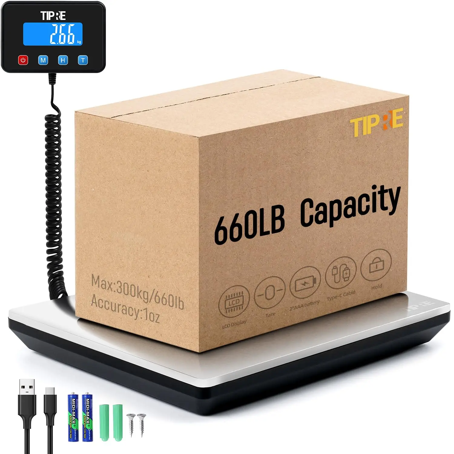 

Digital Shipping Postal Scale 660lb High Accuracy Heavy Duty Stainless Steel Platform with Separate LCD Display, Battery and
