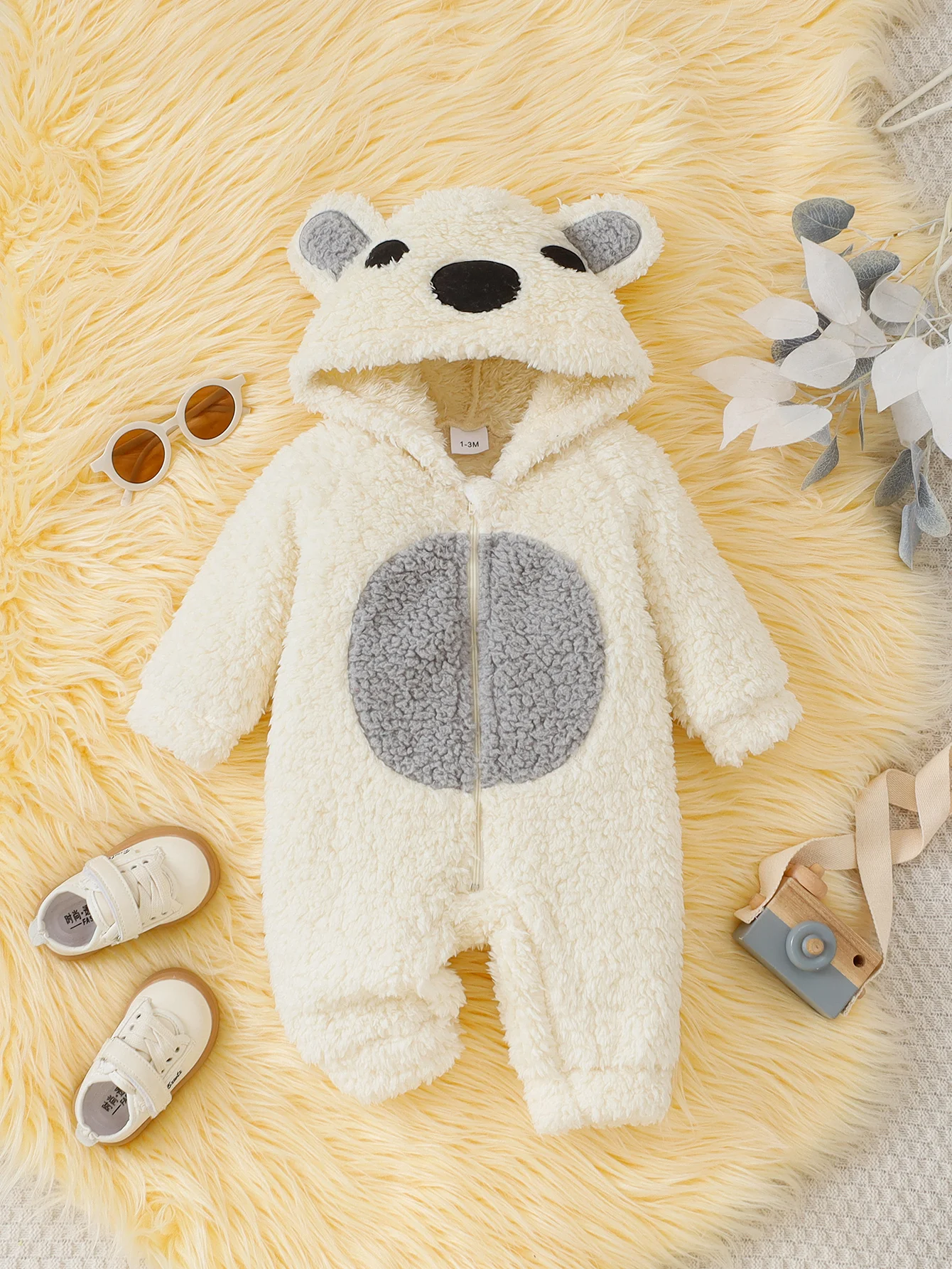 1Pc Baby Bear Hooded Romper, Thick Sherpa Fleece Zip Up Jumpsuit, Warm Unisex Infant Outfit, Cute Casual Home Outdoor Wear