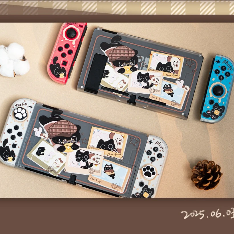 Dockable Split Hard Case for Nintendo Switch 2 OLED Cute Black Cat Photo Pattern Cover Shockproof Anti-scratch NS Joycon Shell
