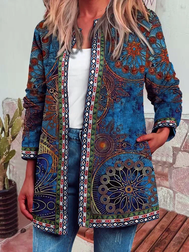 Plus Size Women Autumn/Winter Retro Ethnic Style Printed Long Sleeved Coat Jacket Cardigan Women\'s Wear Women Clothing Tops Tops