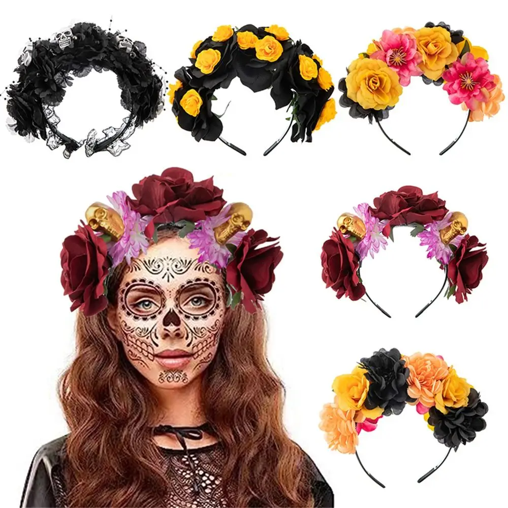 Halloween Rose Flower Headband Mexican Rose Flower Crown Headband Day of The Dead Flower Headpiece with Black Veil Headwear