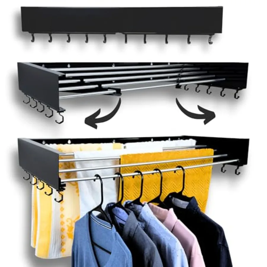 

Foldable Wall Mounted Drying Rack - 31.5" Wide 13.2 Feet Drying Space 5 Aluminum Rods Supports Up to 60 lbs - Retractable and F
