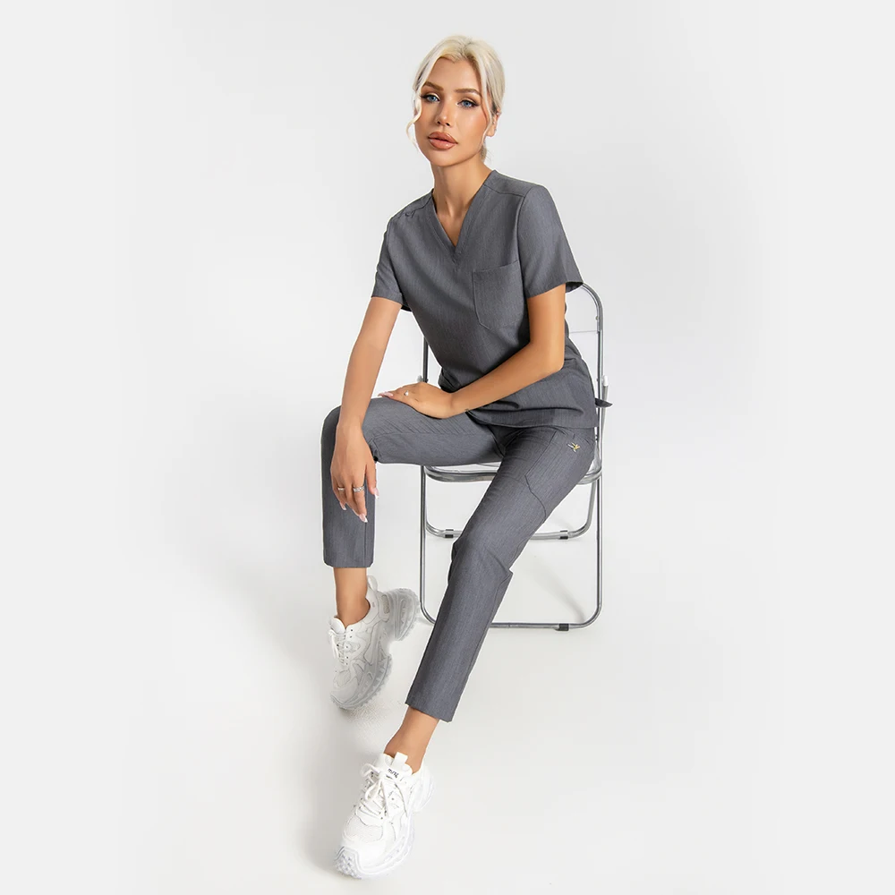 

KUNGFU SCRUBS WQ727 Short Sleeve Pants 2 Pieces High Quality Medical/Laboratory set Doctor Nurse Uniform Graphite Gray Women
