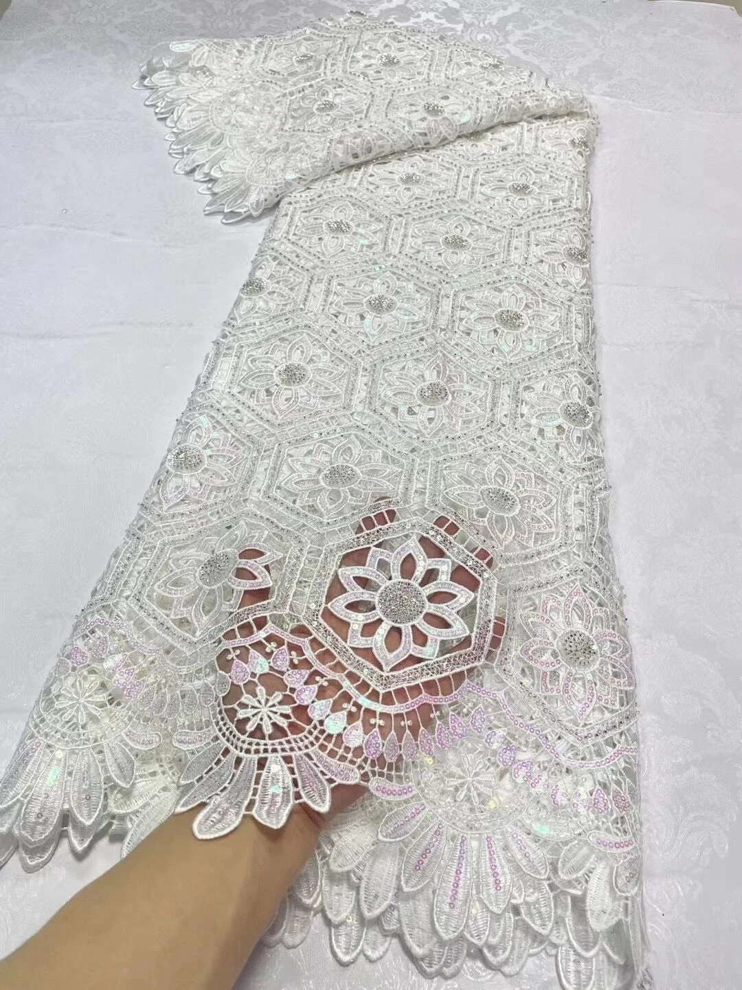 Nigerian Water Soluble Sequins Cotton Embroidery Lace Fabric, Tulle Wedding Party Dress, High Quality, 5Yards, 2024, JL305