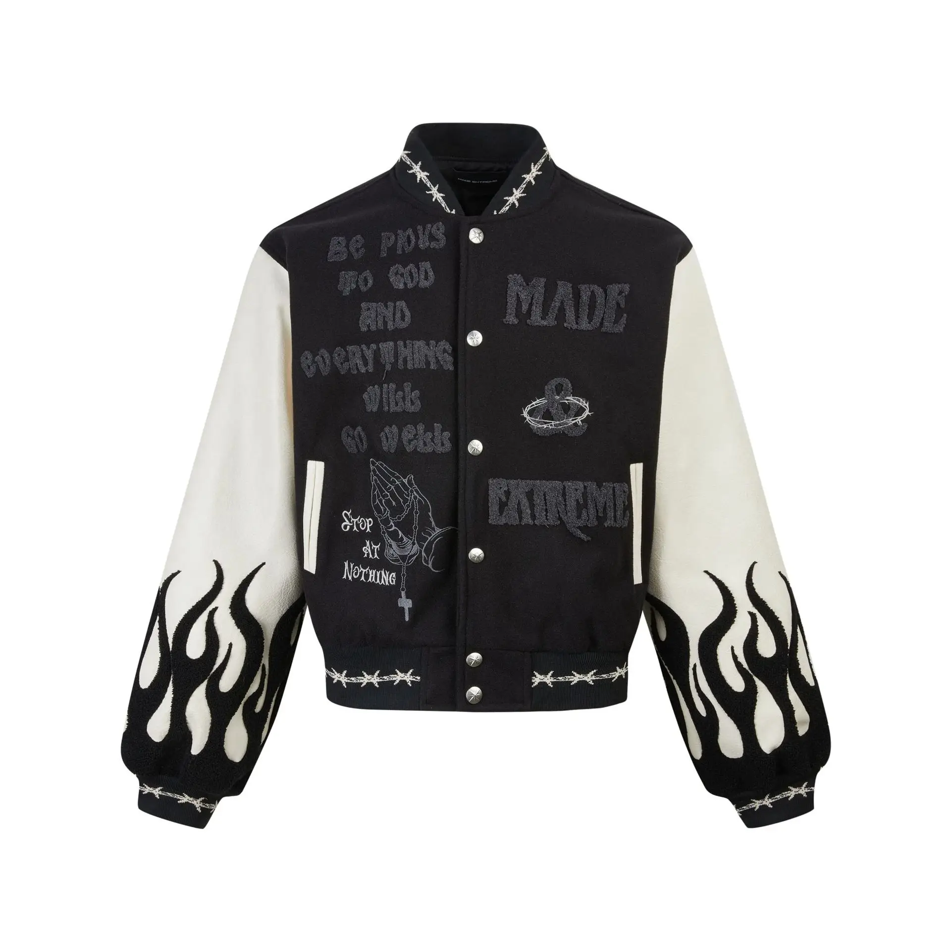 

MADE EXTREME Embroidered PU Sleeve Varsity Jacket Streetwear Luxury Men Winter Jacket