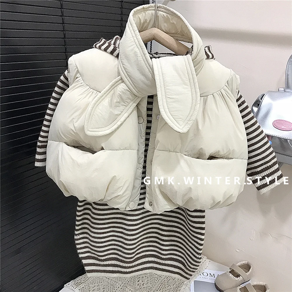 Winter Baby Girl Parka Vest Clothes Set Cotton Lantern Waistcoat Kid Girl Scarf Loose Striped Knitwear Toddler Girl Hooded Dress