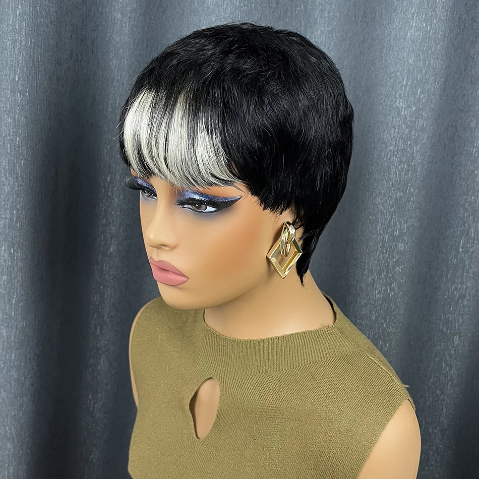 ショートピクシーウィッグ人毛女性用黒青ピクシーウィッグ人毛ショートブルーウィッグ機械製レイヤードショートピクシーカットウィッグ