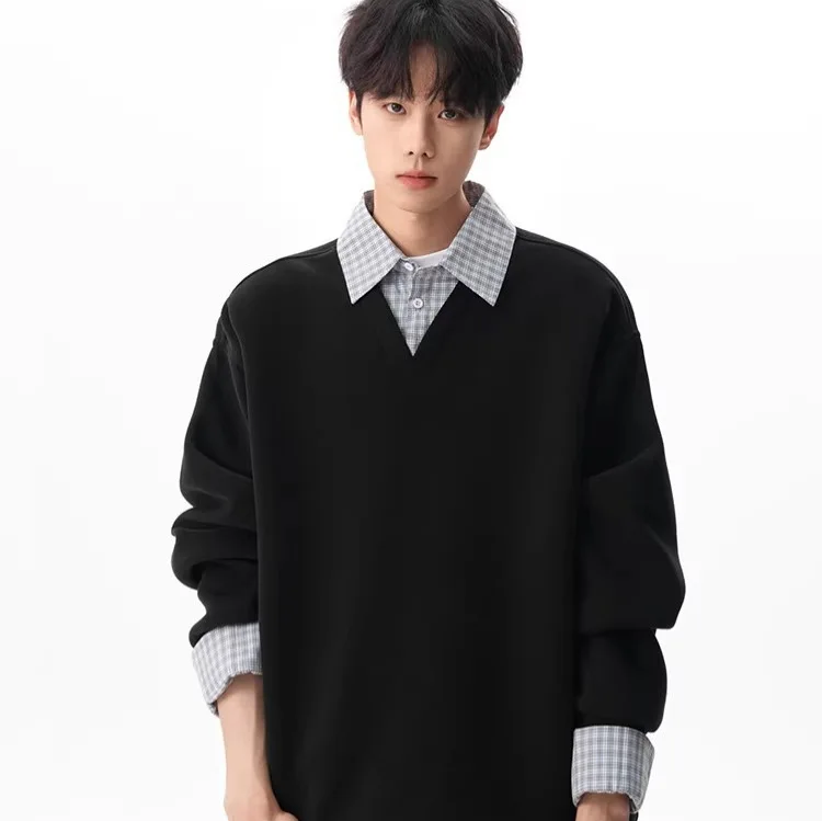 Heavyweight Plaid Faux Two-Piece Sweatshirt With A Polo Collar, Unisex, Spring Fashion Design, Long-Sleeved Pullover