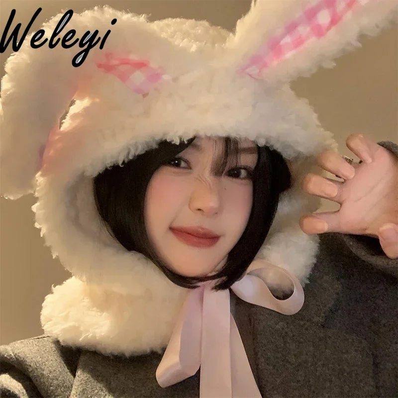 Winter Cute Women's Bunny Ears Bow White Plush Hat Autumn New Thickened Cold-proof Ear Hats for Women Touca Feminina Inverno