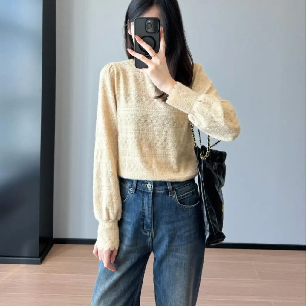 

Элегантная французская кружевная базовая рубашка, куртка с полувысоким воротником для женщин, осенне-зимняя новая модная футболка