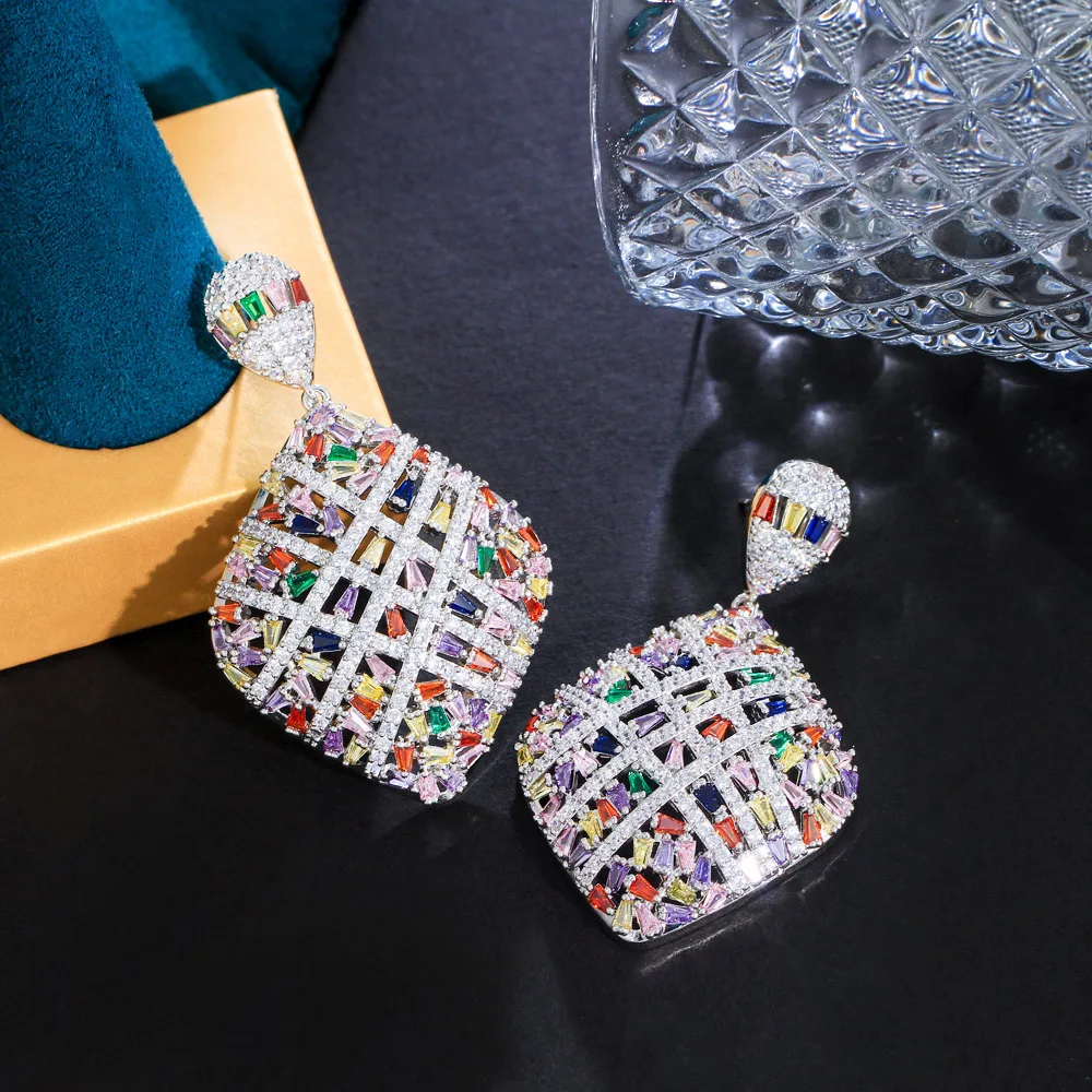 CWWZircons Fancy Cross Line Colorful Heavy Cubic Zirconia Stone Pave Luxury Big Rhombic Drop Engagement Earrings for Women CZ539