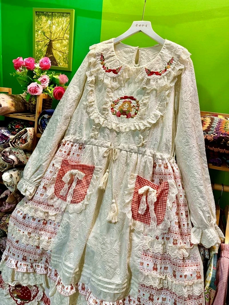 

Vintage Mori Girl Lace Embroidery Dress for Women Autumn Japanese Stand Collar Kawaii A-line Dress Casual Loose Party Vestidos