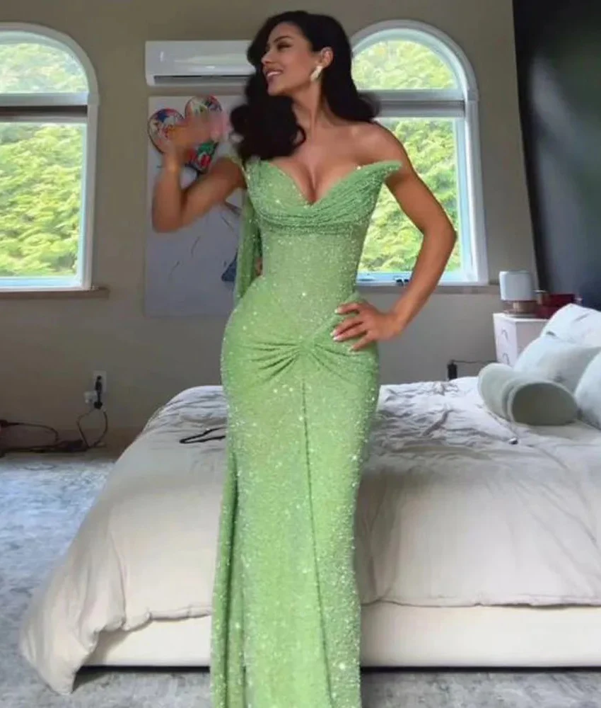 

Customized Luxury Sequined Crystal Straight One Shoulder Evening Dress Temperament Sweetheart Sleeveless Bespoke Occasion Gowns