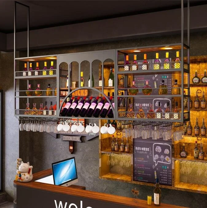 Stainless Steel Bar Ceiling Hanging Rack Restaurant Decoration Glass Bottles Hanging Wine Shelf