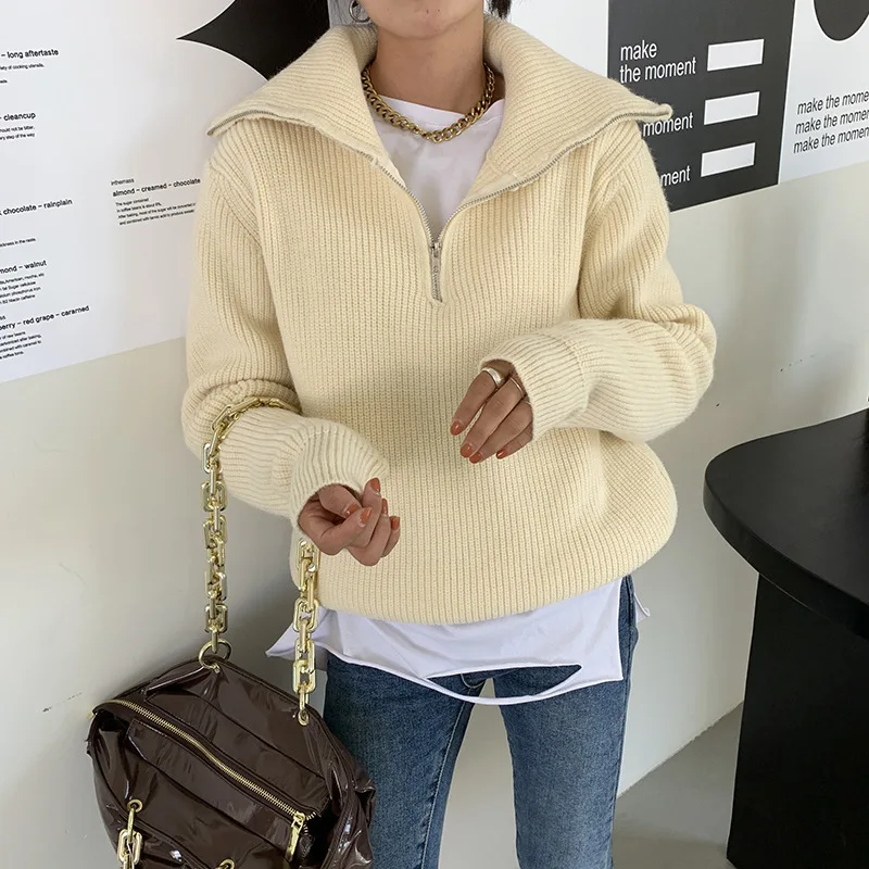 2024 autumn and winter new zipper sweater knitted sweater women's loose outer wear bottom foreign style top design sense niche