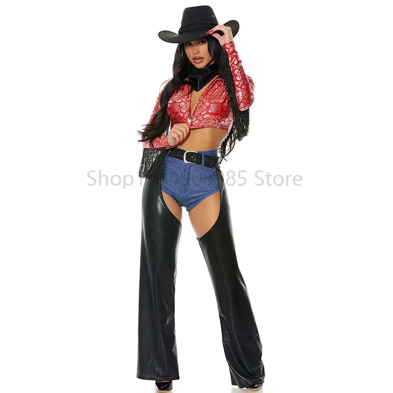 

2025 New Arrival Red Black Ladies Ride Em Wild Dess Up For Halloween Saddle Up Sexy Cowgirl Retro Costume